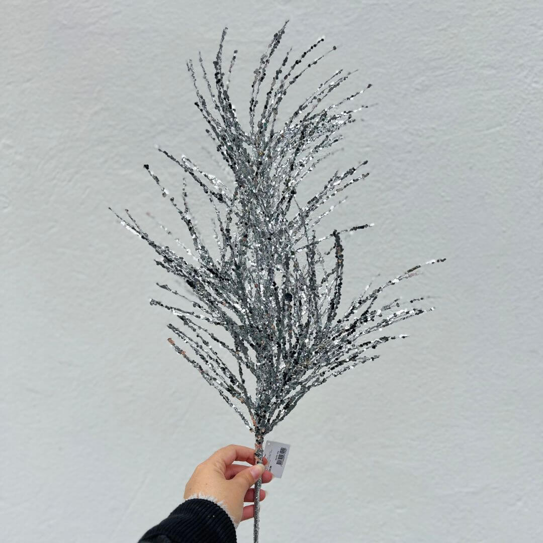 Galho Grass Natal com Glitter Prata – 80cm