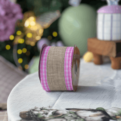 Fita Decorativa Aramada Com Costura Xadrez Rosa e Bege 6,3cm x 9,14m