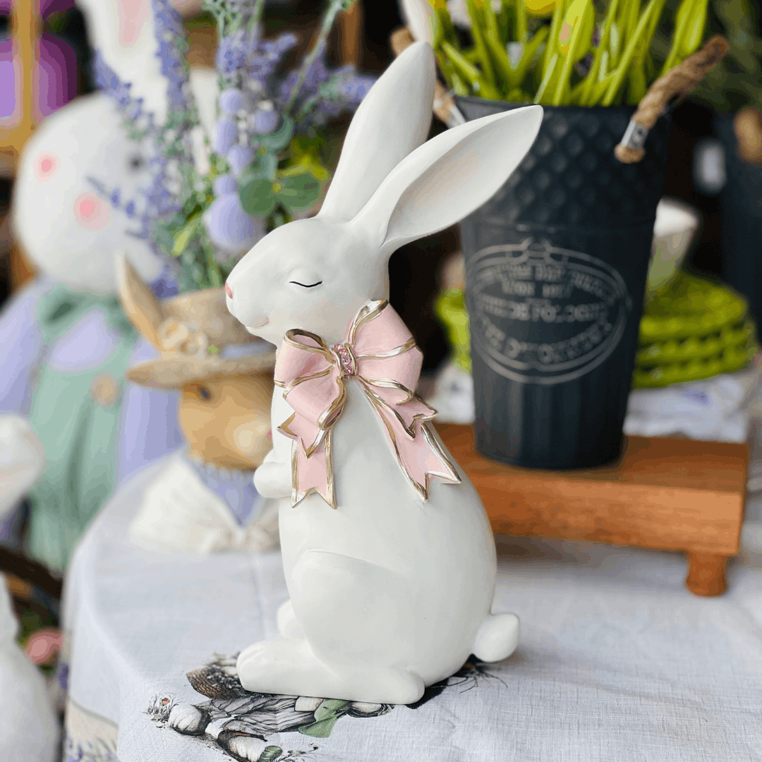 Coelho Com Laço Cute Family Branco e Rosa 38x14x18cm