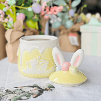 Pote Com Tampa Orelhas de Coelho Amarelo de Cerâmica 20cm