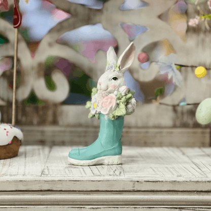 Coelho na Botinha Azul de Resina 15cm