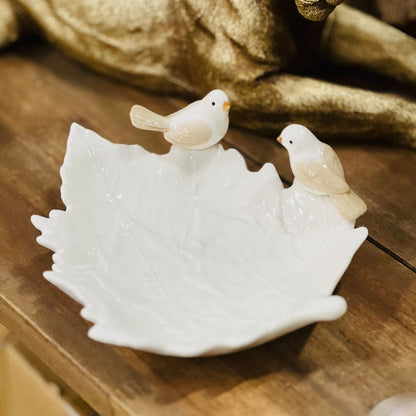 Decoração de Folha Com Pássaro -  22cm Branco