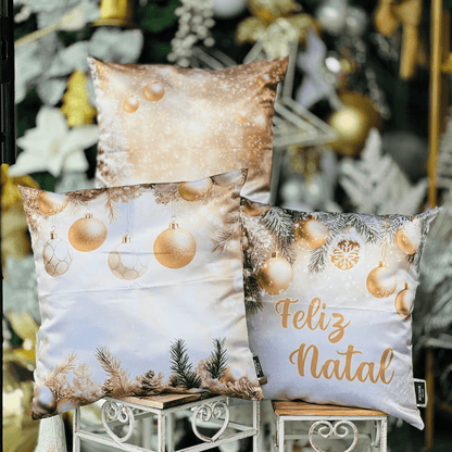 Capa de Almofada Natalina Feliz Natal Dourado e Branco 43cm