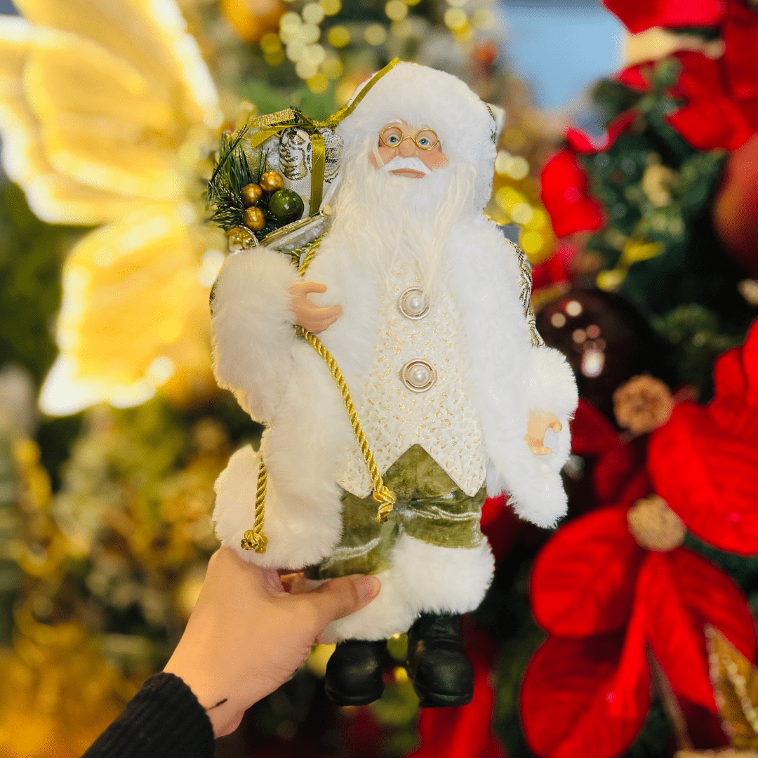 Papai Noel Em Pé Com Presentes Verde e Dourado 30cm