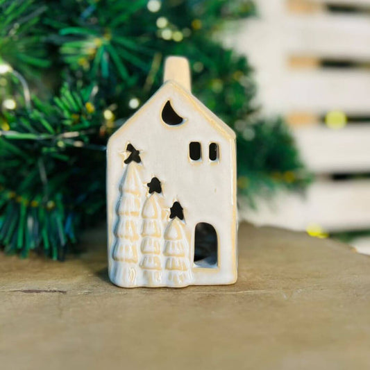 Natal Casinha  Bege Branco Decorativa -  11,5x6x6,5cm