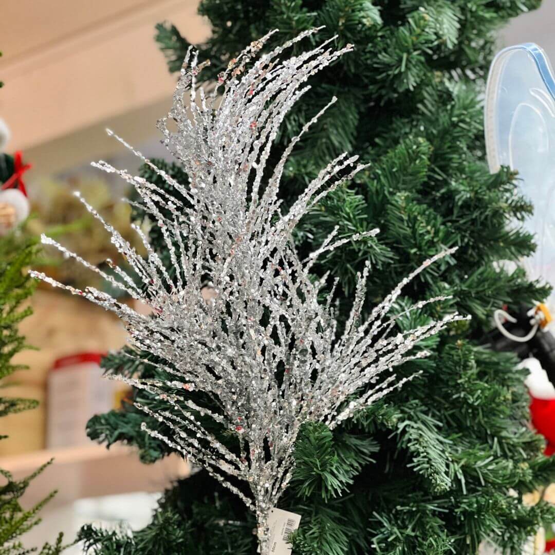Galho Grass Natal com Glitter Prata – 80cm