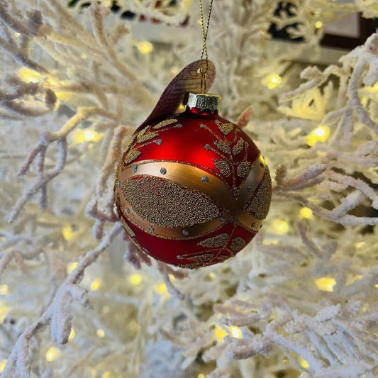 Bola Decorada de Vidro – 8 cm – Vermelho e Dourado