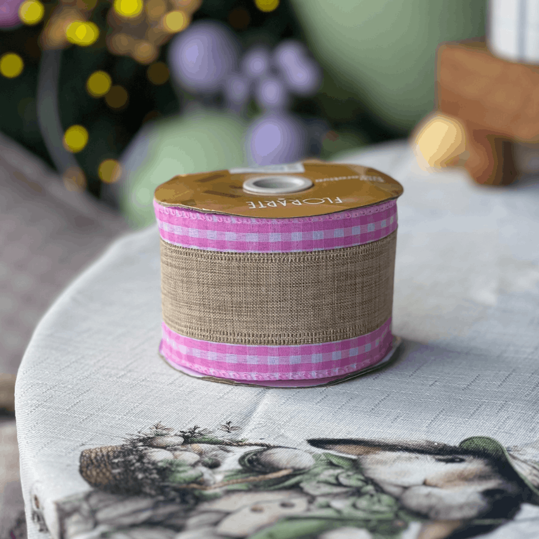 Fita Decorativa Aramada Com Costura Xadrez Rosa e Bege 6,3cm x 9,14m