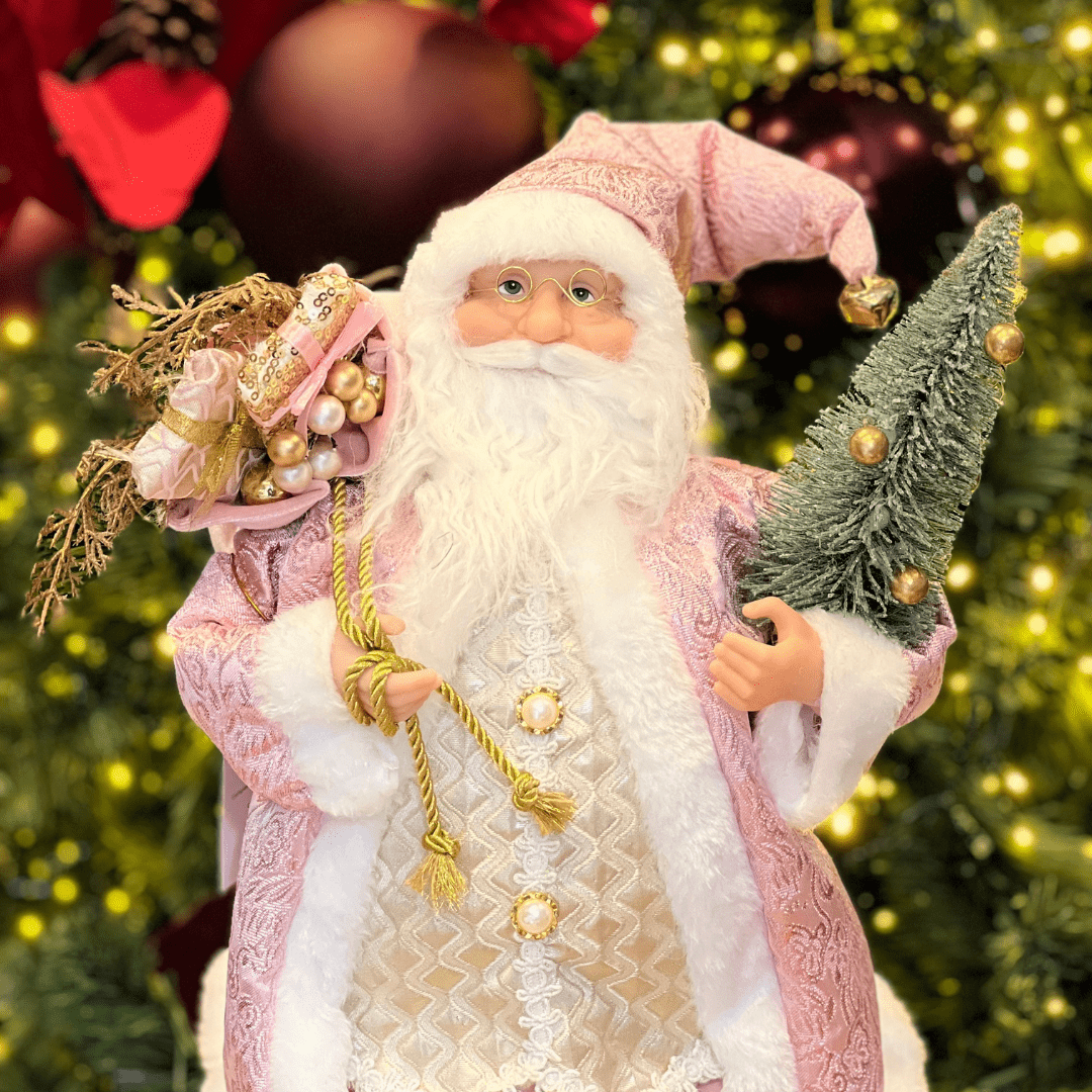 Papai Noel Em Pé Com Presentes Rosa 50cm