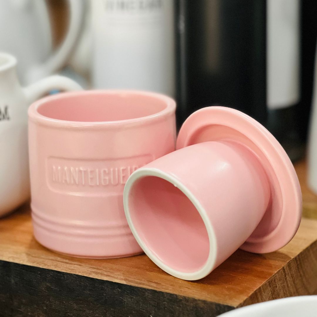 Manteigueira Francesa de Cerâmica Com Tampa Rosa Matte - 8cmx8cmx9cm