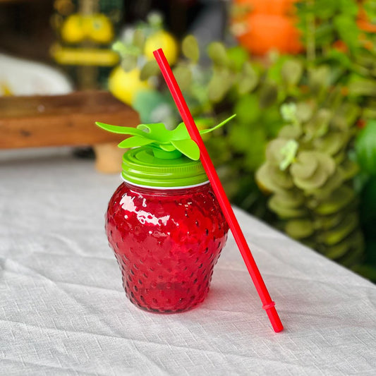 Copo com Canudo Morango Vidro - 480ml