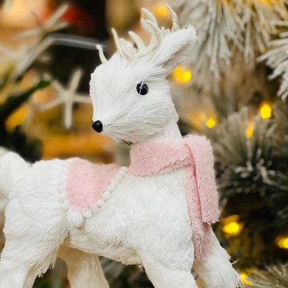 Rena de Natal Branco e Rosa Em Pé de Sisal 34cm