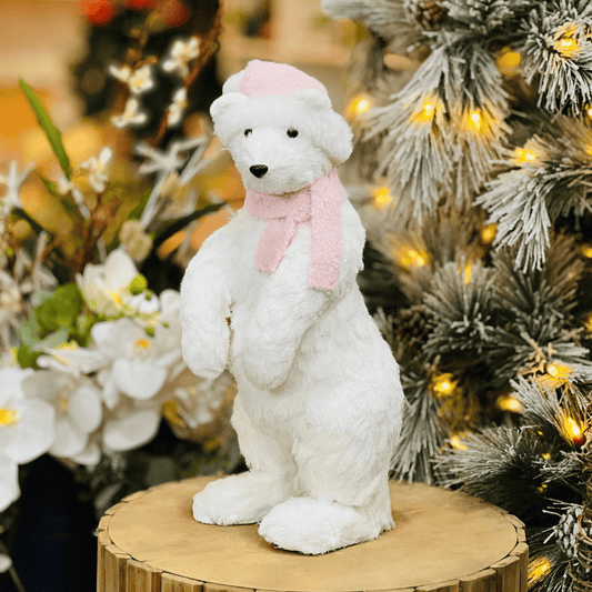 Urso de Natal Branco e Rosa Em Pé de Sisal 48cm