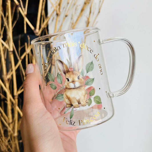 Caneca Vidro Coelhos Com Folhas - 410ml