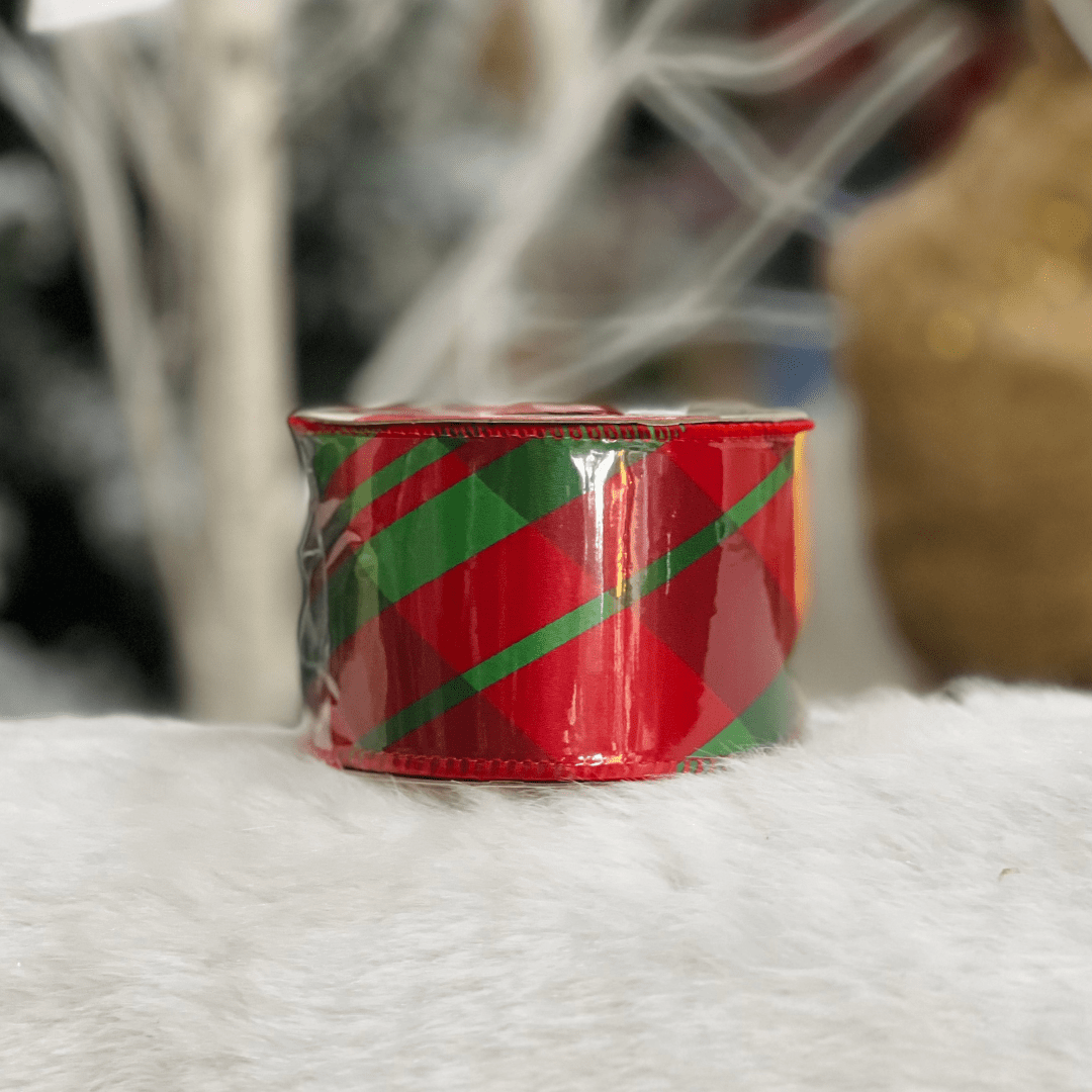 Fita Natalina Aramada Xadrez Vermelho e Verde 6,3cm x 9,14m