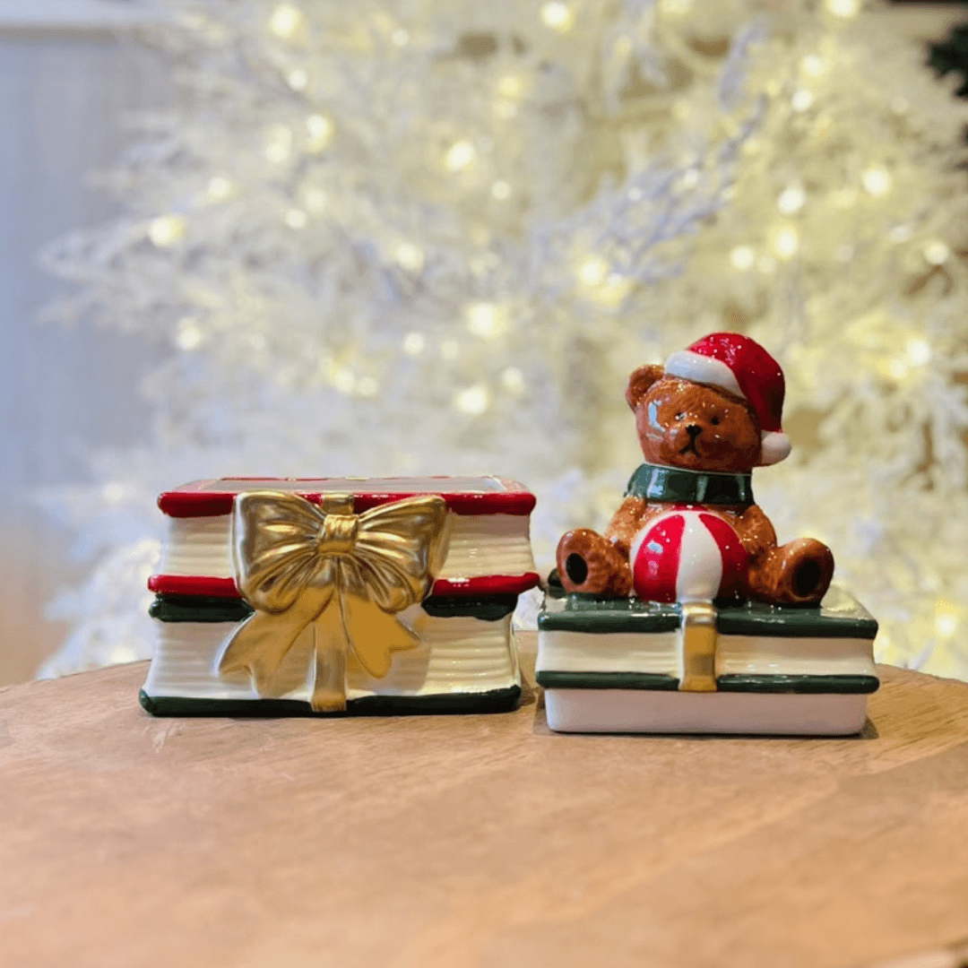Pote Natalino Urso com Livros e Laço – 25cm