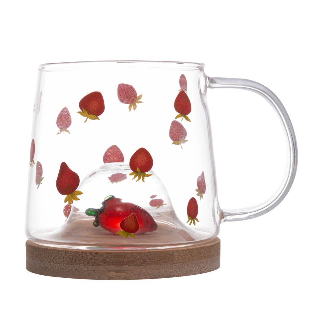 Caneca de Vidro Com Pires de Bambu Morango - 330ml
