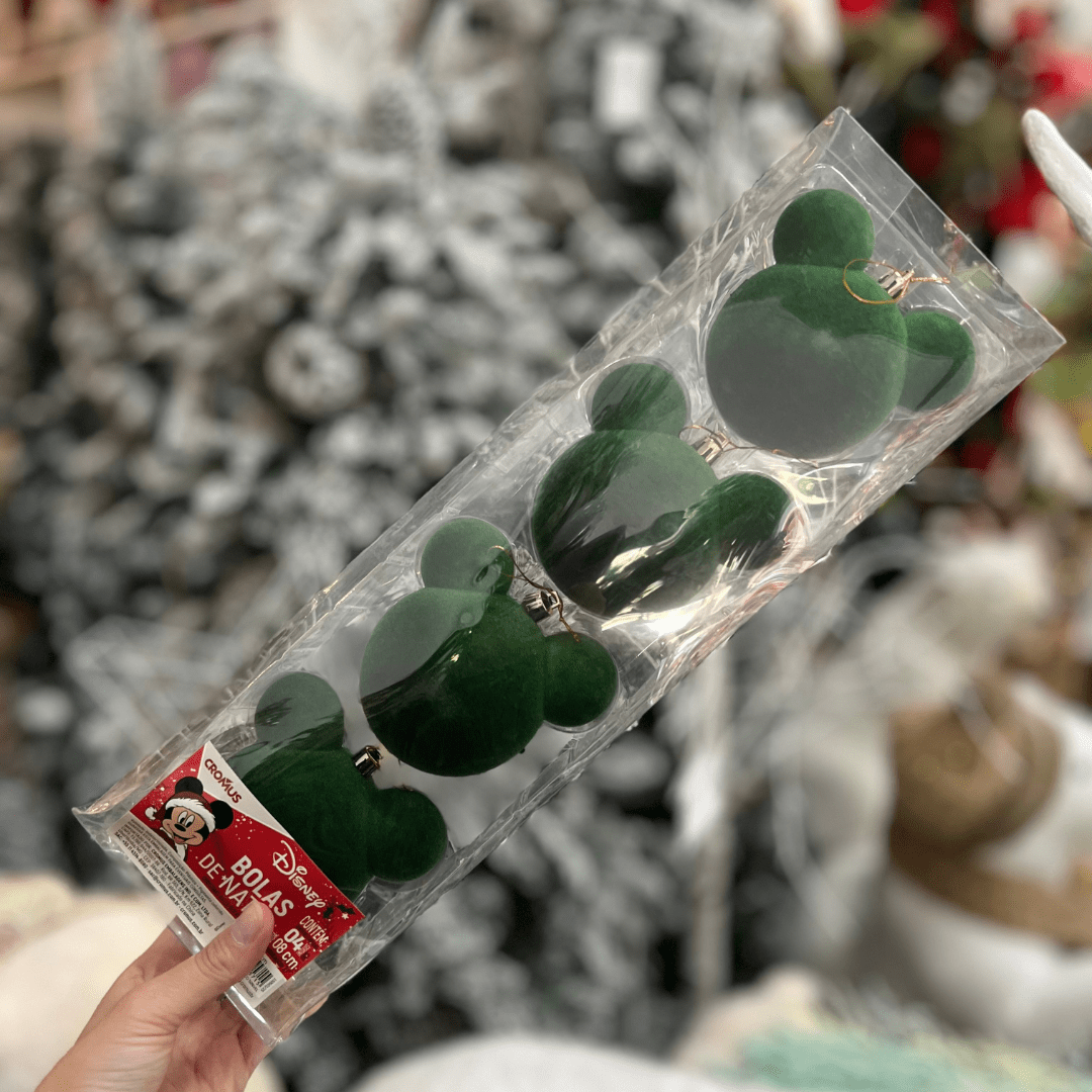 Jogo 4 Bolas Natalinas Mickey Verde Veludo 8cm