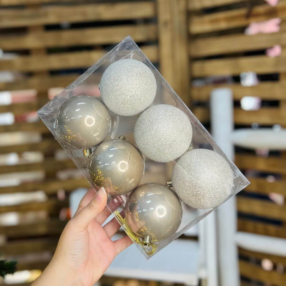Enfeite Bola Perolada Champagne – 8cm | Jogo com 6 Peças