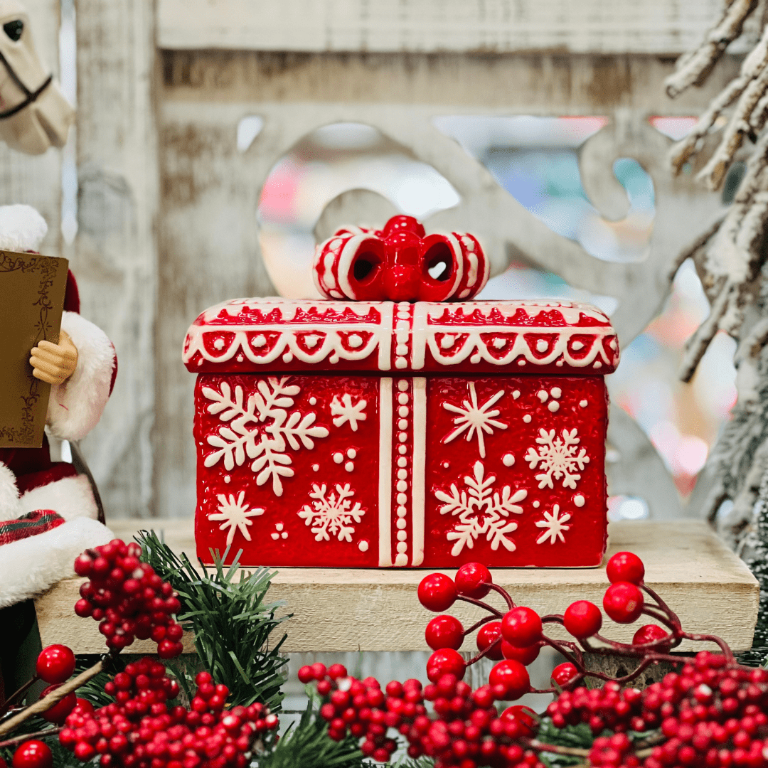 Pote Natalino Presente Vermelho e Branco de Cerâmica 18x13x15cm
