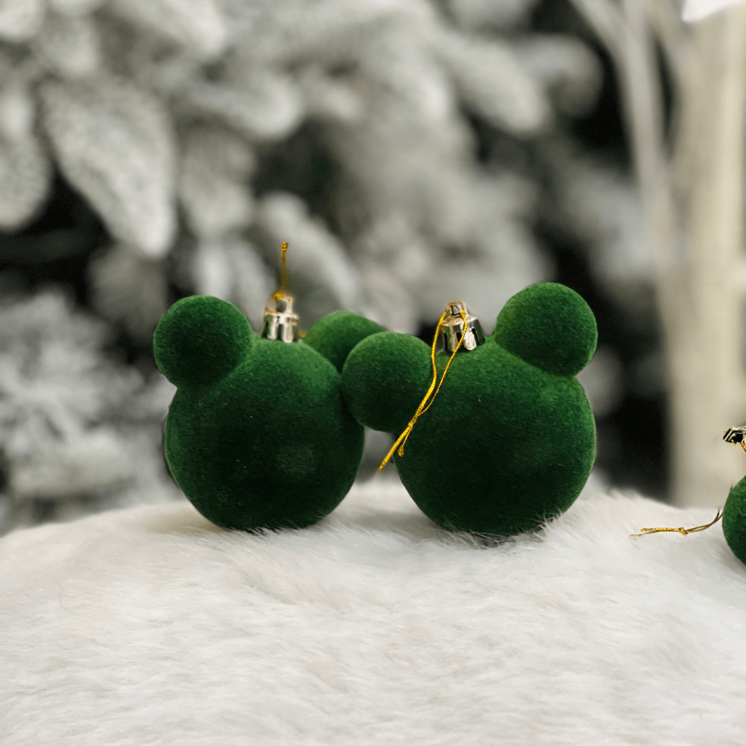 Jogo 6 Bolas Natalinas Mickey Verde Veludo 6cm