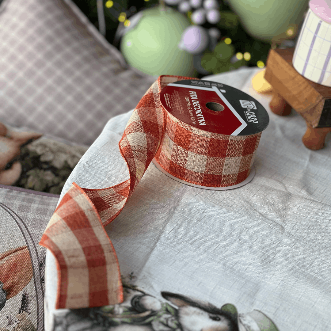 Fita Decorativa Aramada Xadrez Laranja e Bege 6,3cm x 9,14m