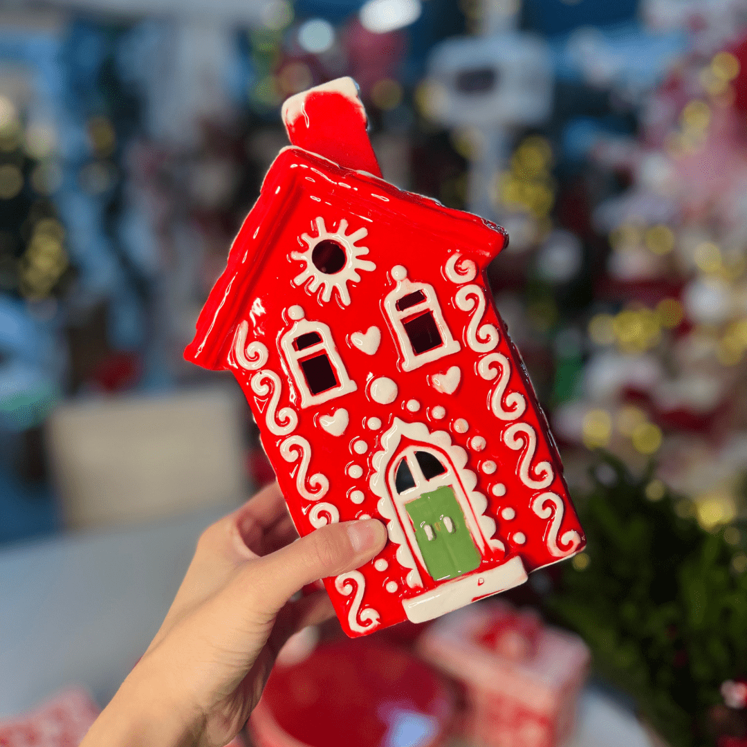 Casa Natalina Vermelho e Branco de Cerâmica 14x10x22cm