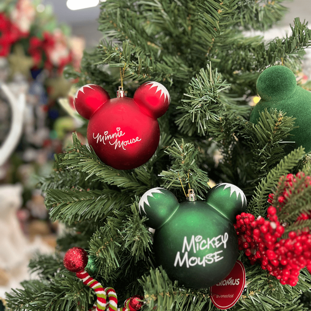 Jogo 4 Bolas Natalinas Assinatura Mickey e Minnie 8cm
