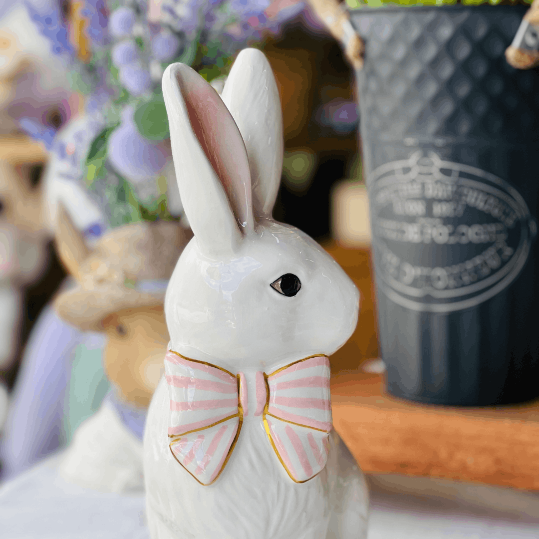 Coelho Com Lacinho Branco e Rosa de Cerâmica 19x13x29cm