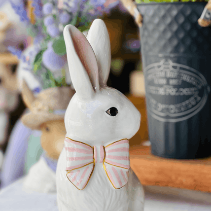 Coelho Com Lacinho Branco e Rosa de Cerâmica 19x13x29cm