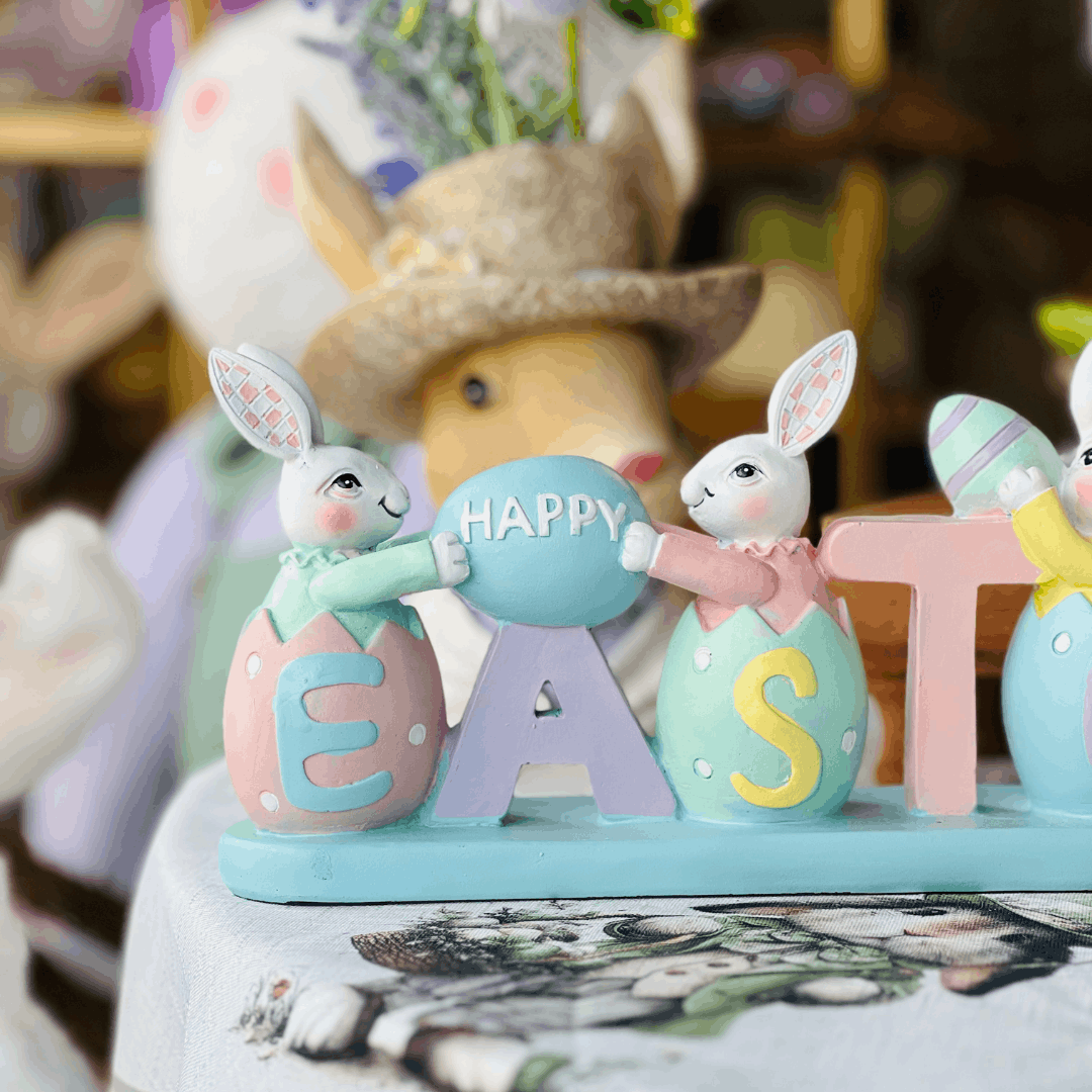 Letreiro Coelhos nos Ovinhos Easter de Resina 12x6,5x30cm