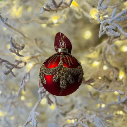 Bola Decorada de Vidro – 8 cm – Vermelho e Dourado