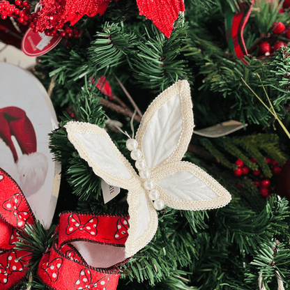 Galho Natalino Borboleta Aveludado Off White 17cm