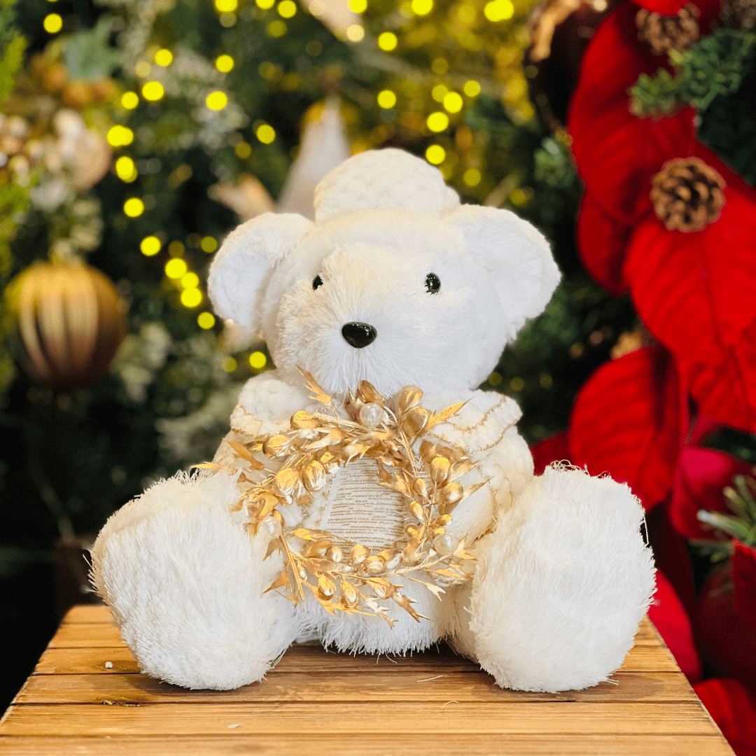 Urso Natalino Com Guirlanda Branco e Dourado de Sisal 25x27cm