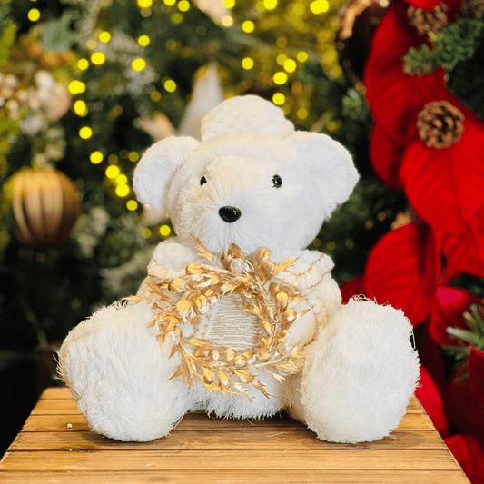 Urso Natalino Com Guirlanda Branco e Dourado de Sisal 25x27cm