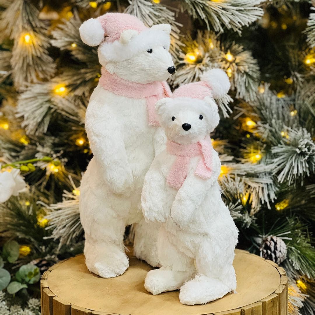 Urso de Natal Branco e Rosa Em Pé de Sisal 36cm