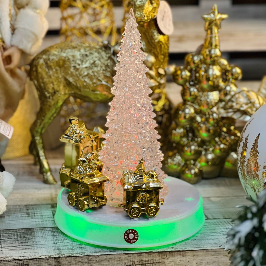Árvore Rotativa Com Trem - Led, Som e Movimento Dourado- 32cm