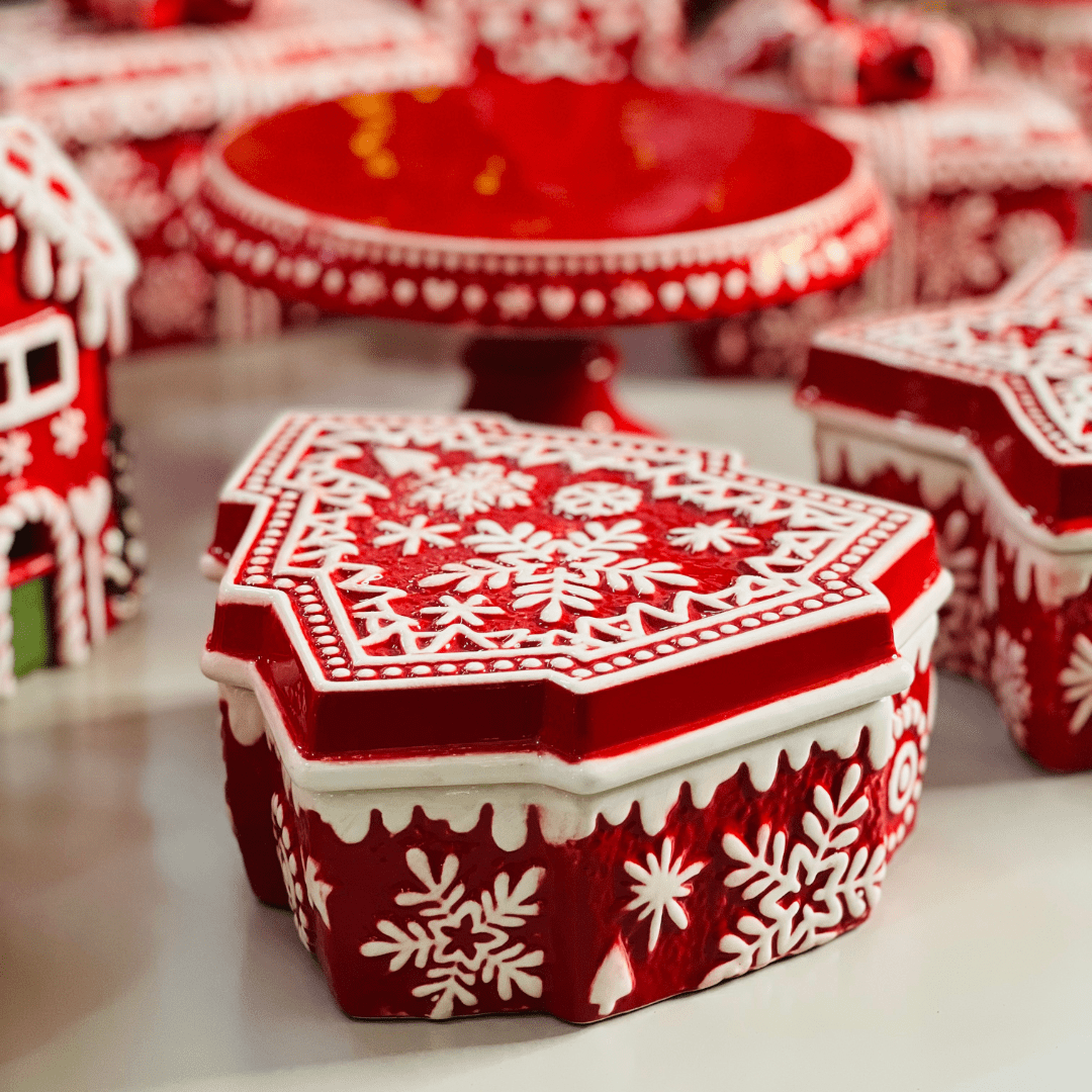 Pote Natalino Árvore Vermelho e Branco de Cerâmica 21x19x9cm