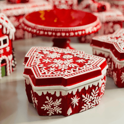 Pote Natalino Árvore Vermelho e Branco de Cerâmica 21x19x9cm