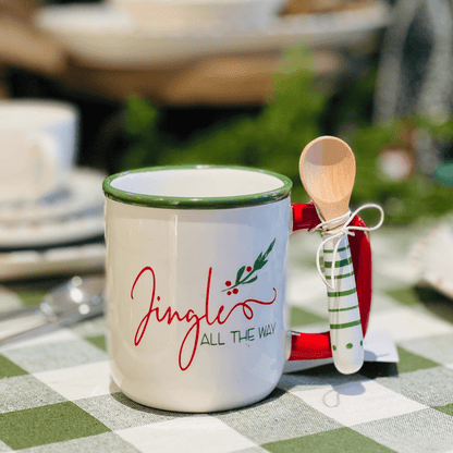 Caneca Natalina de Cerâmica Com Colher Jingle All The Way 500ml 15cm