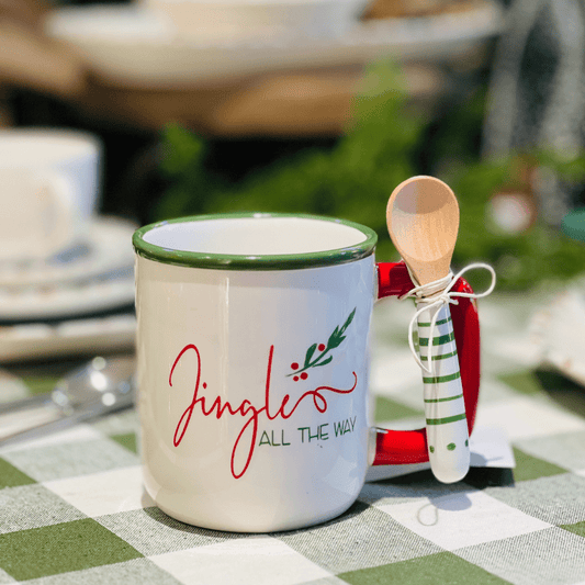 Caneca Natalina de Cerâmica Com Colher Jingle All The Way 500ml 15cm