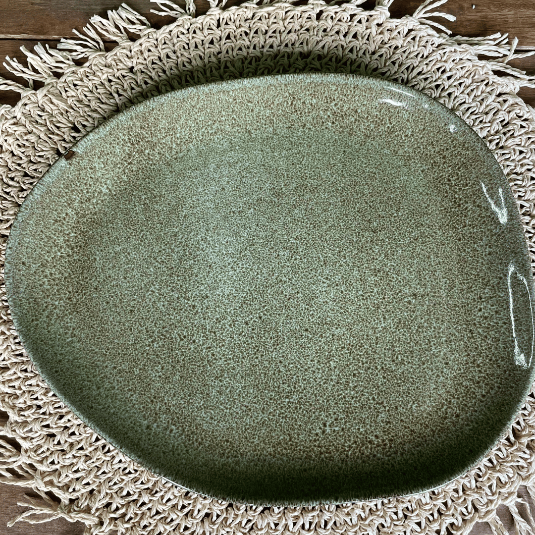 Prato Raso Oval Orgânico Croco Verde de Cerâmica 31x24x2,5cm