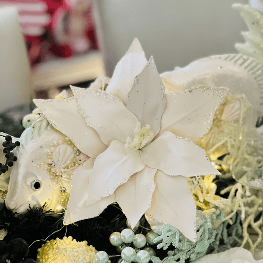 Flor Natalina Poinsetia Com Glitter Branca 35x30cm