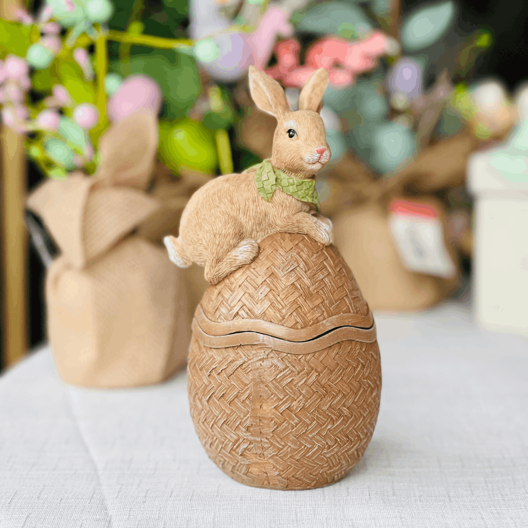 Pote Ovo Com Coelho Chocolate de Resina 20cm