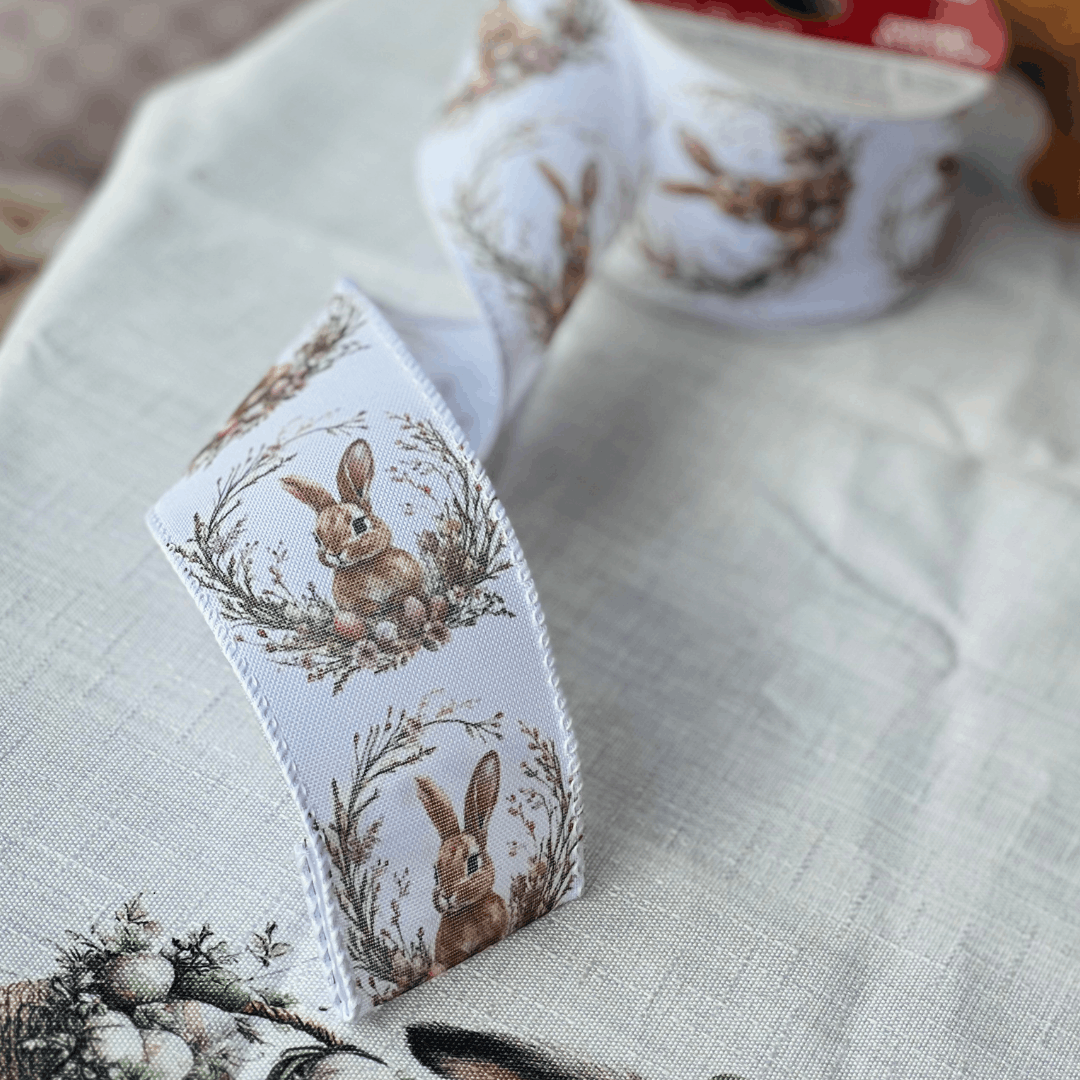 Fita de Páscoa Aramada Coelho Branca 6,3cm x 9,14m