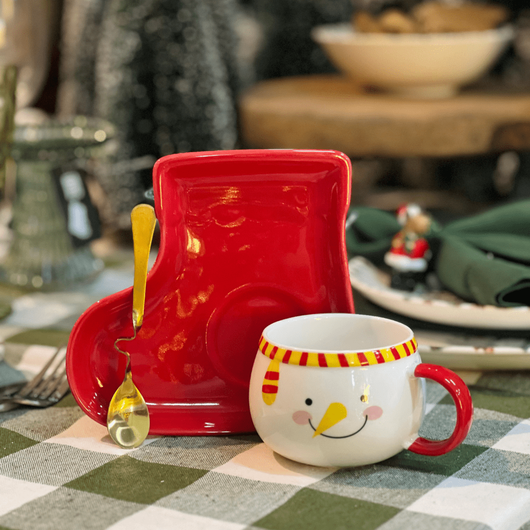 Caneca Natalina Boneco de Neve Com Pires de Bota e Colher 210ml 7cm