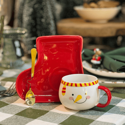 Caneca Natalina Boneco de Neve Com Pires de Bota e Colher 210ml 7cm