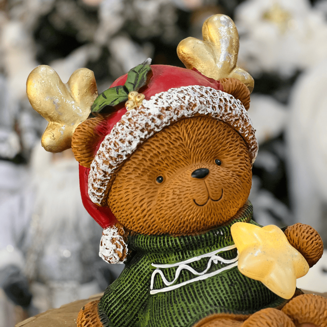 Urso Touca de Rena Natalino de Cerâmica Com Led 35cm