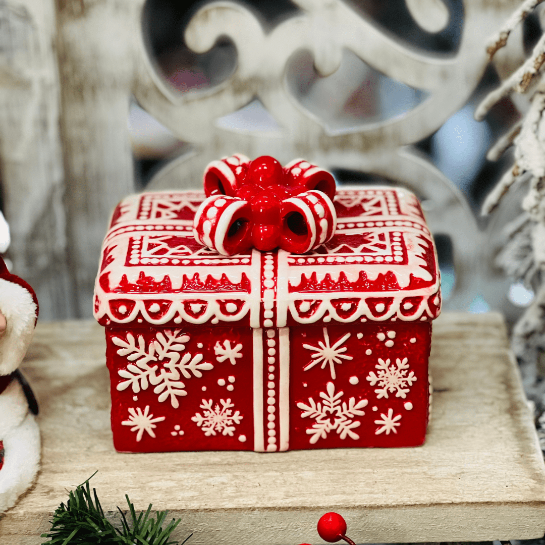 Pote Natalino Presente Vermelho e Branco de Cerâmica 18x13x15cm