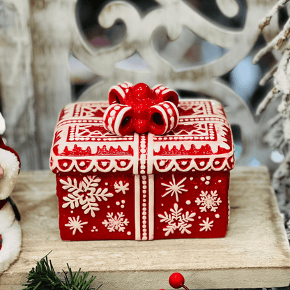 Pote Natalino Presente Vermelho e Branco de Cerâmica 18x13x15cm